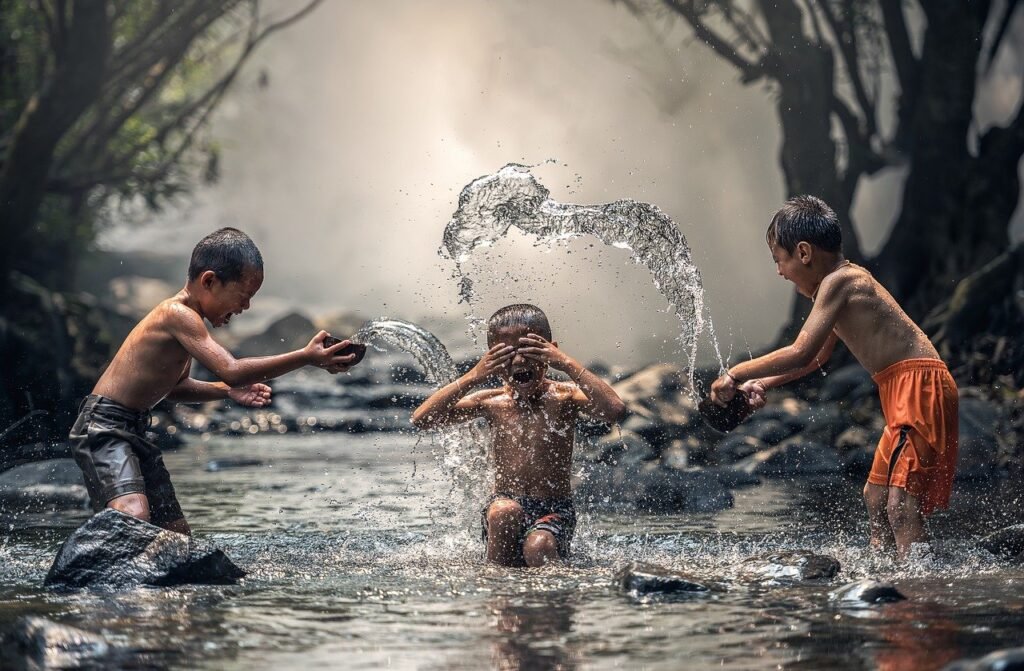 children, river, water